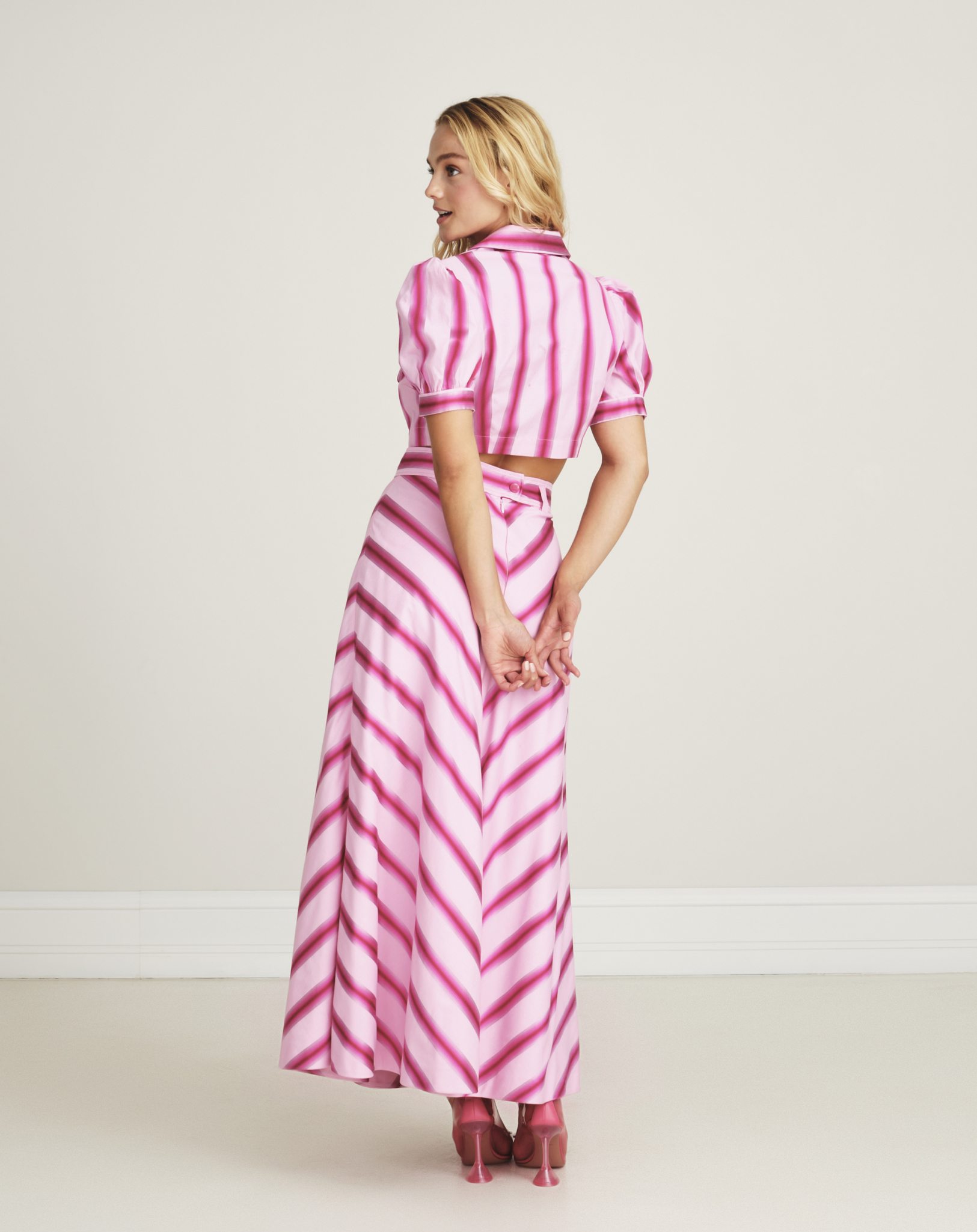 Etro - Pink Striped Cotton And Silk Blend Midi Skirt & Crop Shirt IT42